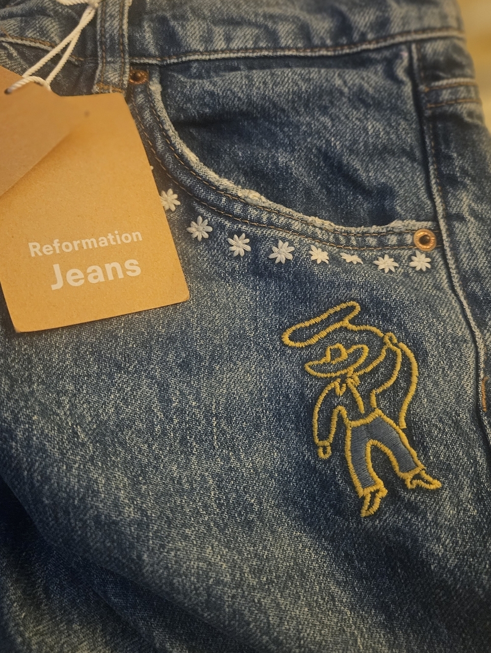 Reformation Blue Straight-Leg Jeans with Yellow & Green Embroidery Juno Size 31 - Picture 6 of 16